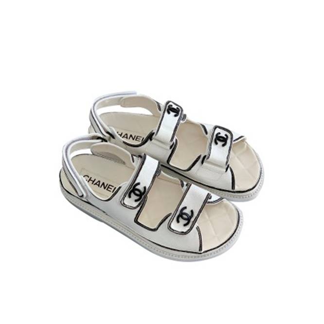 CHANEL CALFSKIN PRINTED ROUND HEAD SANDALS FOR WOMEN BLACK & WHITE 